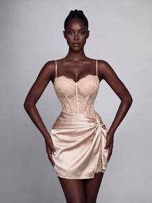 Sexy Lace Bodycon Mini Dress With Spaghetti Strap, Satin Draped Knotted Hem, Slim Fit, Suitable For Photoshoots, Beach Vacations, Resorts And Night Out - Champagne - View 4