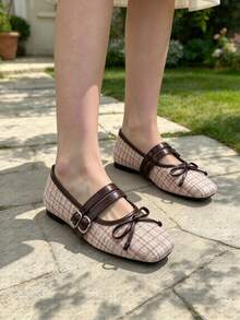 Meng Jie Women's Elegant Tweed Slip-On Flat Shoes, Square Toe Dress Shoes With Bow Decor And Double Buckle Design - Pink - View 3
