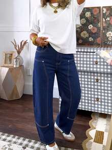 Women's Mid-Waist Curved Leg Jeans, Contrast Stitching Divided Cargo Pockets, Deep Blue Original Color Denim - Medium Wash - View 7