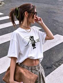 Signature IP Character Graphic Tee, Hand-Drawn Swirls & Cartoon Portrait Print, Underground Aesthetic Fan Shirt - White - View 1