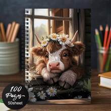 1pc Spiral Notebook Journal With Adorable Cow Design, Floral Wreath And Wooden Windowsill, Perfect For Diary, Daily Lists, Planner, Thoughtful Gift For Family, Friends, Colleagues - One Book (50 Pages, 100 Pages) - View 8