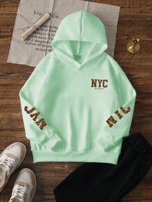 1件青少年女孩NYC豹紋字母衛衣，美式復古白色寬鬆套頭衛衣，休閒春秋款 - 薄荷綠 - 查看 4