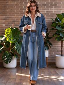 Vintage Lapel Lamb Fleece Long Denim Coat For Women, Autumn/Winter Over-The-Knee Denim Jacket - Blue - View 5