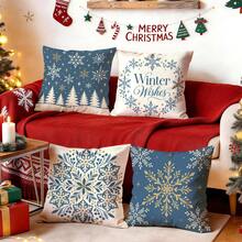 4pcs/1pc Christmas Blue & Gold Snowflake Pine Tree Pattern Pillow Case, Single-Sided Printed Pillow Cover, Suitable For Living Room, Bedroom, Home Decor, All Season Pillow Case - Multicolor - View 2