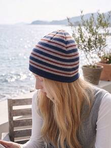 Cirelle 1pc Knitted Hat, Warm Beanie, Autumn/Winter, Korean Designer, Fashionable Knitted Hat, Unisex - Navy - View 6