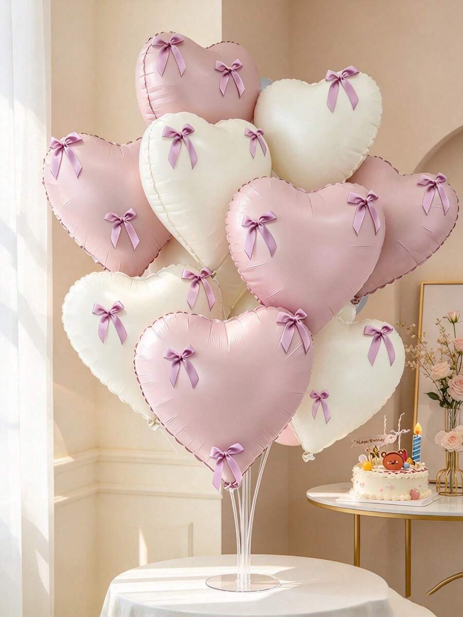 42pcs Pink Bow Heart Aluminum Foil Balloons, Wedding Ribbon Decoration Birthday Party Wedding Decor - View 1