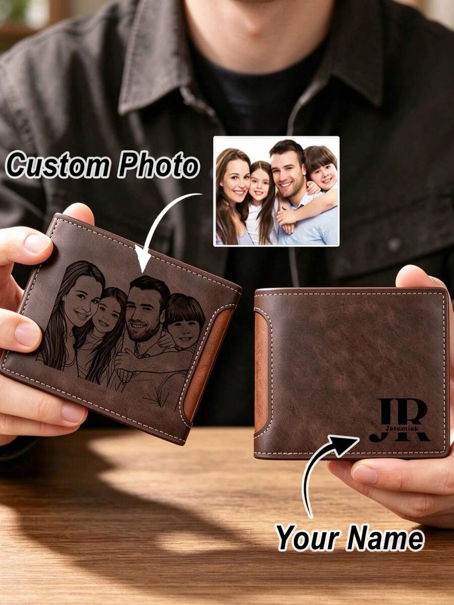 1pc Personalized Men's Short Wallet, Customized Photo & Text, Men's Leather Wallet, Christmas Gift, Gift For Husband, Father, Grandfather Or Lover, Ideal Choice For Men - Coffee Brown - View 1