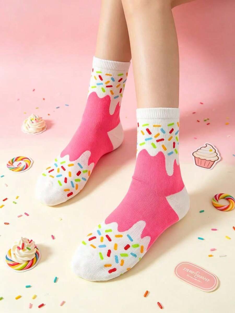 1 Pair Women's Multi-Color Melting Ice Cream Cone Print Mid-Calf Socks ...