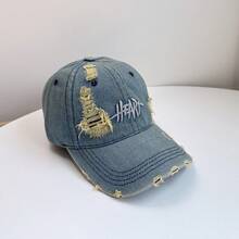 1pc Washed Distressed Denim Baseball Cap, Unisex Personalized Embroidered Letter Ripped Duck Bill Hat, Casual Versatile Outdoor Sports Daily Wear - Multicolor - View 4