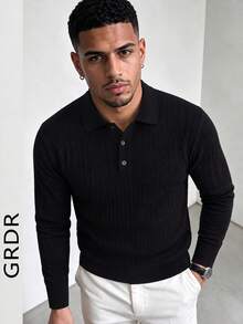GRDR Men's Autumn/Winter Vertical Ribbed Ribbed Polo Collar Long Sleeve Pullover Knit Sweater Top - Black - View 8
