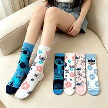 1 / 5 Pairs Official Licensed Disney Lilo & Stitch Hibiscus Flower Print 5 Packs Crew Socks, Soft Cotton Casual Socks - Style Random - View 2