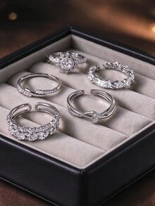 5pcs/Set Silver-Tone Minimalist Luxury Versatile Elegant Exquisite Copper-Inlaid Cubic Zirconia Super Shiny Geometric Cross Double-Layer Adjustable Rings Commuter Set, Suitable For Women's Daily Wear, Holiday Gifts - 5-piece Set, Style a - View 5
