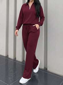 LUNNELUX Women Fall Burgundy Knit 2 Pieces Outfits, Half Zip Collar Long Sleeve Top & Drawstring Wide Leg Pants Set Halloween Travel Daily Tracksuit - Burgundy - View 10