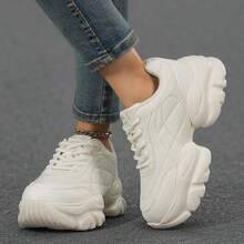 Basic White Leather Chunky Sneakers, Sleek Design Visually Slimming, Versatile All-Season White Shoes For Various Outfits - White - View 6