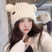 ML&ZA Women's Cute Bear Ear Knit Hat, Solid Color Ribbed Cuff Winter Beanie With Small Label, Warm Soft Headwear For Daily Outdoor Cold Weather - Multicolor - View 3