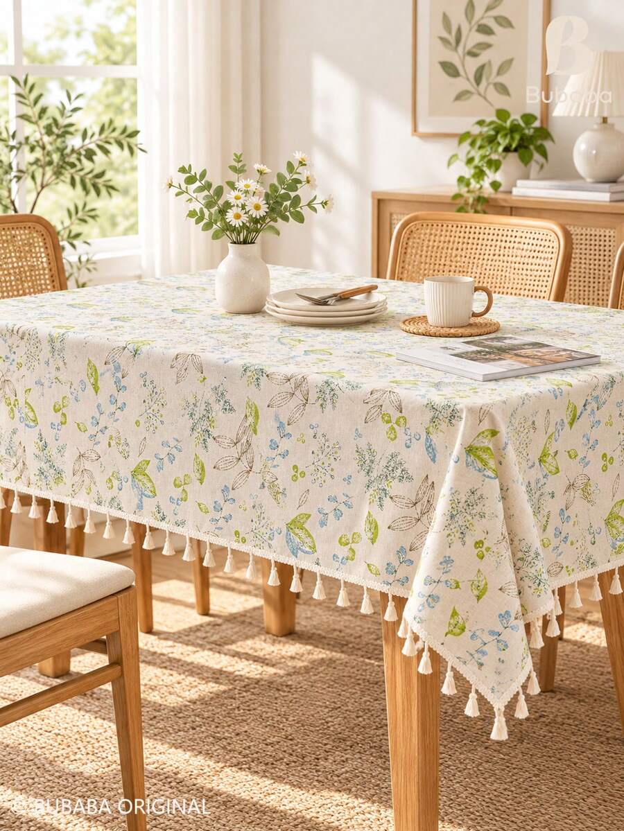 Boho Floral Botanical Print Tablecloth With Handmade Tassels, Rectangular Decor Table Cover, Cute Aesthetic Table Linen For Kitchen, Dining, Picnic, Home Decor - Golden Branch and Jade Leaf - View 1