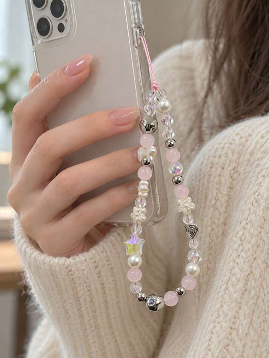 1pc Pink Bead & Iridescent Star Heart Flower Beaded Phone Chain, Sweet Style Phone Wrist Lanyard, Cute Accessory Gift