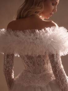1 Pc Lightweight Tulle Ruffled Shoulder Collar, Adjustable Satin Bow Tie, Elegant Bridal Overlay For Wedding Dress And Special Occasion - Multicolor - View 3