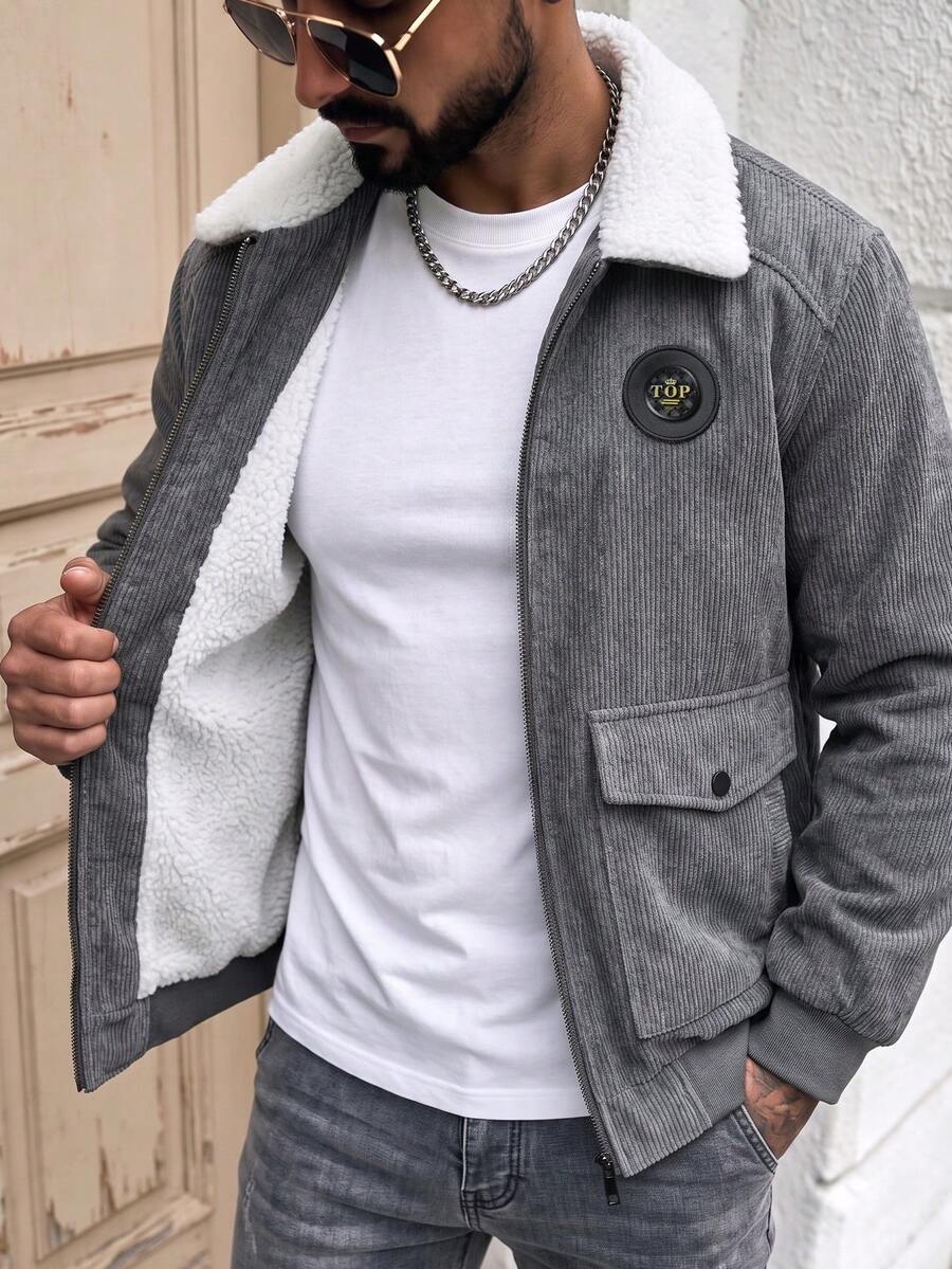Men's Jacket, Thermal Lined Denim Jacket With Turndown Collar, Warm Winter Outerwear - Grey - View 1