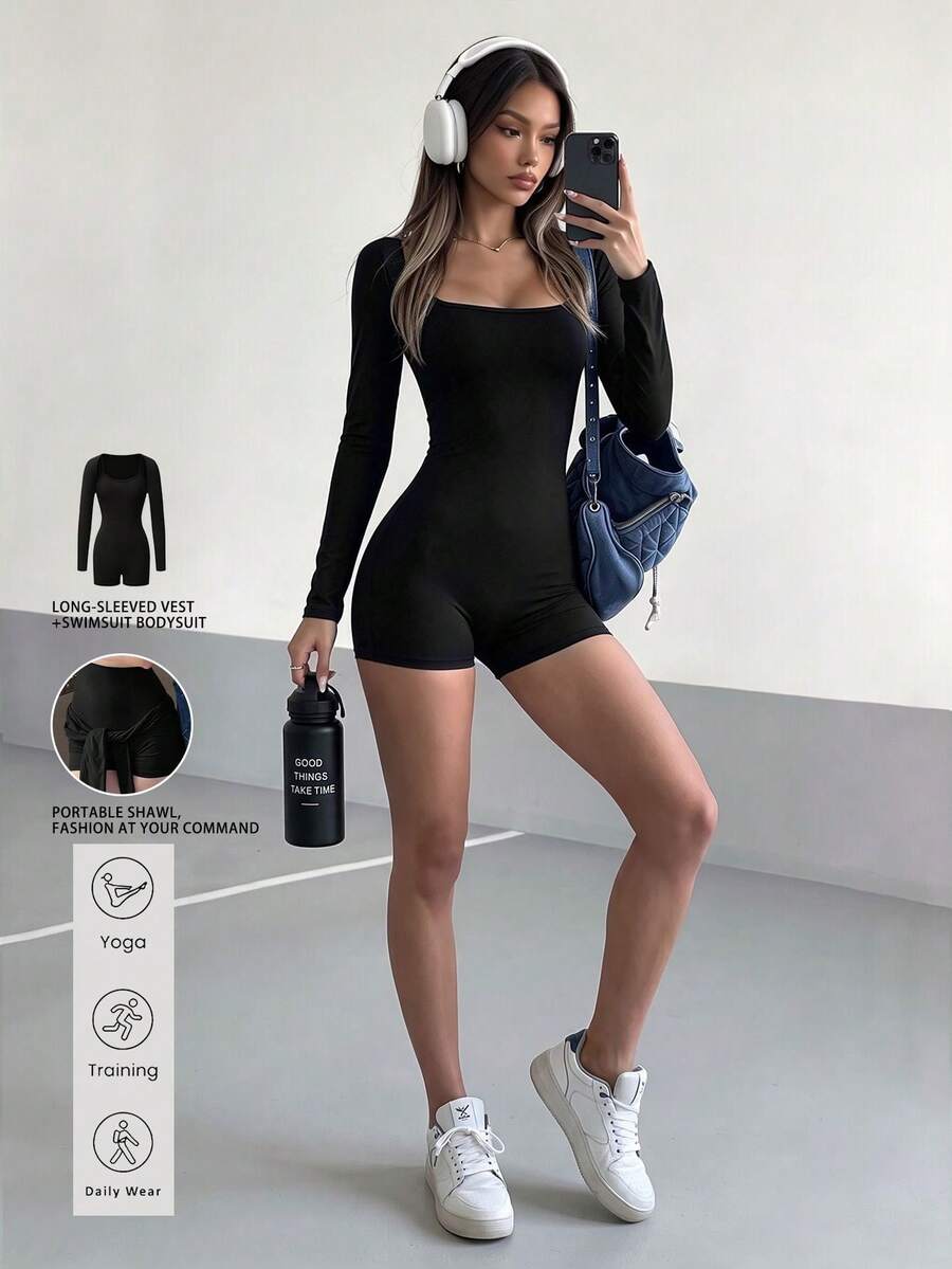 AiTyi Women's Square Neck Detachable Sleeve Fitted Short Romper, Elegant Back To School Style