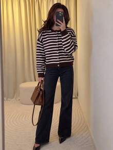 Inbloom Women Vintage Brown White Striped Crew Neck Button Front Knit Cardigan Loose Long Sleeve Cozy Daily Outerwear Sweater Tops For Autumn & Winter - Brown - View 6