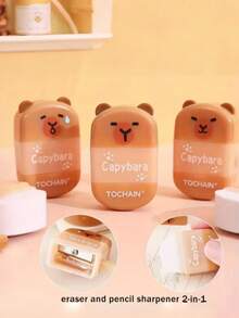 2pcs Capybara Cute Design Pencil Sharpener & Eraser 2-In-1 Student Stationery Prize For Kindergarten - Multicolor - View 3