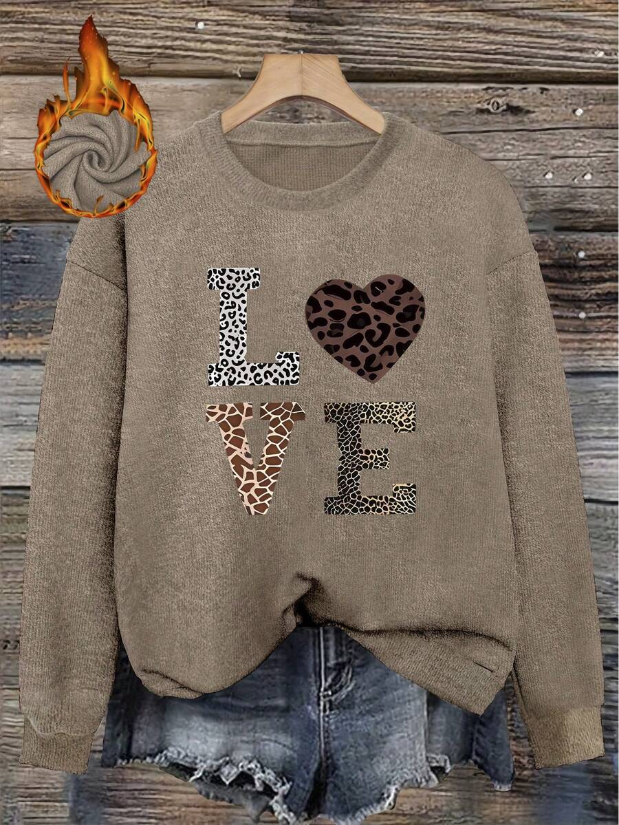 Women's Loose Fit Long Sleeve Pullover, Printed With "Office Bear" Pattern - Earth Gray - View 1