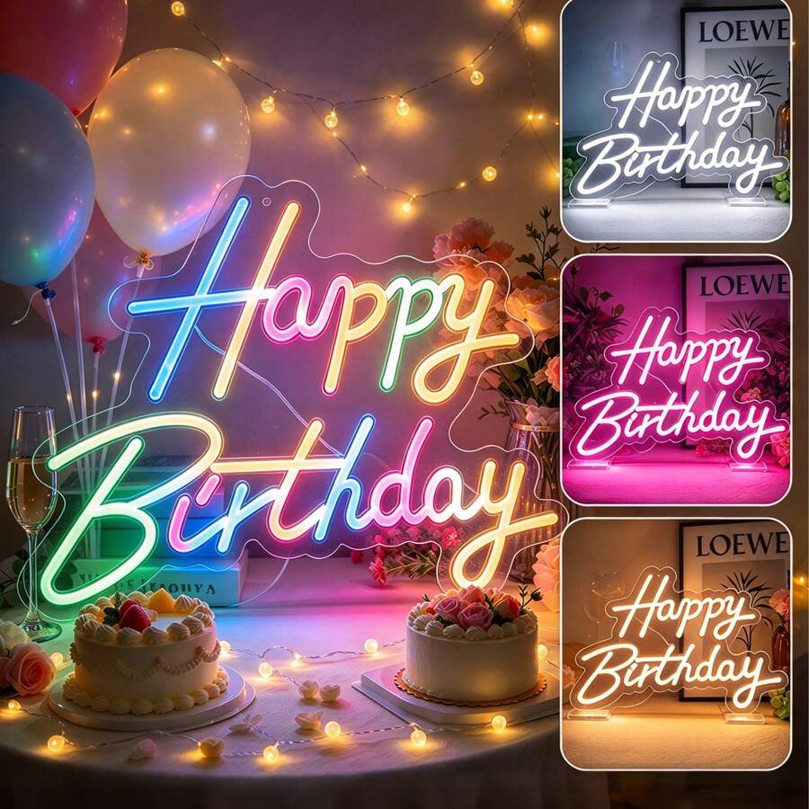 1件 Happy Birthday 霓虹燈牌，暖色 LED 燈，適用生日派對、臥室、客廳，USB 供電附開關，送給妻子、女友、父親、母親的生日禮物