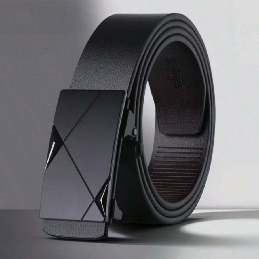 Men's Automatic Buckle Belt, Easy To Wear, Soft And Durable Strap With Minimalist Fashion Buckle, Men's Leather Belt, Business Casual, Suitable For Office Commute And Various Pant Styles - Black - View 1