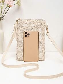 Mini Hollow Pattern Woven Small Square Crossbody Bag, Women's Straw Shoulder Bag, Beach Bag, Multi-Functional Vacation Bag, Women's Wallet - Apricot - View 4