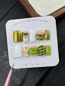 10pcs/Set Y2K Nails Handmade, Cute Nails, Green Nails, 3D Mouth Pattern Nails & Golden Stripe Nails, Perfect For Parties & Daily Wear. Square Nails. Handmade Press On Nails Square, Fake Nails, Short Nails, Acrylic Nails, Handmade Nails, Fall Nails - Multicolor - View 10