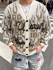 ANDREILEE Men's Spring Autumn Winter Street Style American Personalized Letter Print Long Sleeve V-Neck Casual Versatile Loose Fit Knit Cardigan - Apricot - View 6