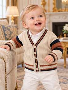 BOARNSEORL Baby Boys Khaki Color Contrast Striped Front Button Cardigan, Fashionable And Versatile, Suitable For Outings, School And Travel - Khaki - View 1