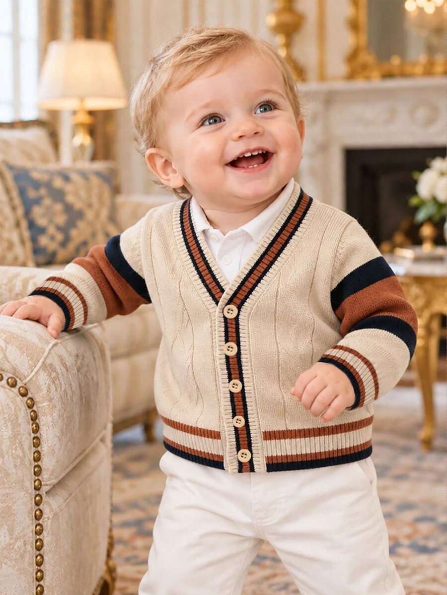 BOARNSEORL Baby Boys Khaki Color Contrast Striped Front Button Cardigan, Fashionable And Versatile, Suitable For Outings, School And Travel - Khaki - View 1