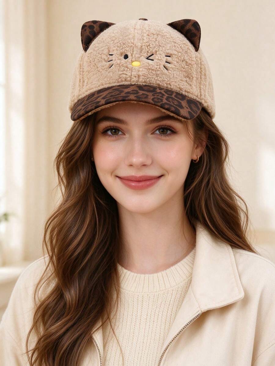 1pc Women's Baseball Cap, Teddy Fleece, Animal Shaped Baseball Cap, Leopard Print, Adjustable Curved Brim, Color Block, Cute, Daily Shopping, Holiday Wear - A - View 1
