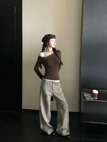Women's Autumn/Winter Brown Faux Two-Piece Cold Shoulder Long Sleeve Knit T-Shirt, Slim Fit Flattering Base Layer Top - Coffee Brown - View 7