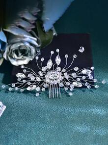 1PC Faux Crystal Flower Hair Comb Handmade Shiny Rhinestone Bride Women Headpiece For Wedding Holiday Party Hair Accessory - Silver - View 8