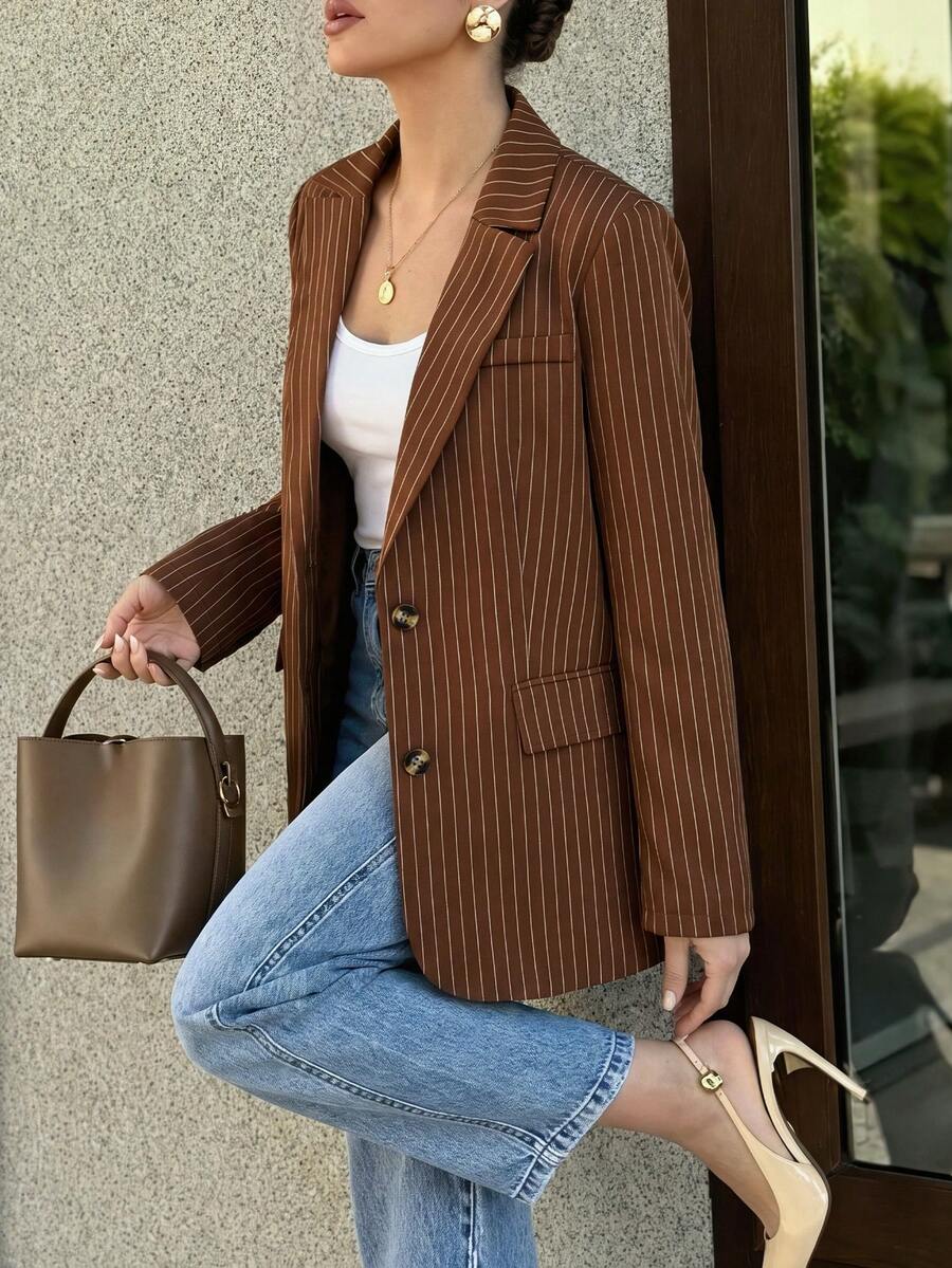 Women's Autumn Outing Outfit Top Striped Fashion Commute Lapel Long Sleeve Blazer