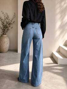 Women's Autumn Casual Washed Denim Wide Leg Pants, With Pockets, Long Length, Medium Stretch, All Season Fashion Style - Medium Wash - View 3
