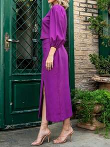 Women's Spring/Autumn Elegant Fashion Solid Color Round Neck Lantern Sleeve Top With Front Slit Pocket Skirt Set - Violet Purple - View 3