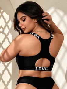 Plus Size Women's Sports Bra, Black & White Letter Tape Seamless Racerback Full Coverage Bra - Black - View 4