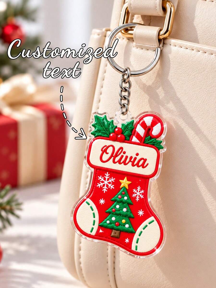 Personalized Christmas Stocking Keychain, Custom Holiday Keyring, Christmas Gift For Coworkers, Stocking Stuffer - Multicolor - View 1