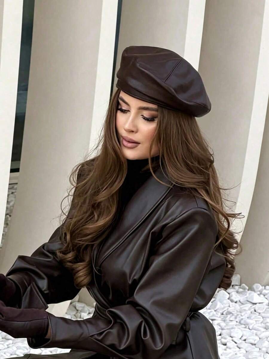 1pc Women's Solid Color Faux Leather Beret, Vintage Beret, Street Style Fashion Solid Color Flat Top Hat, Suitable For Autumn/Winter Daily Wear - Dark Brown - View 1