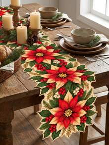 1pc Christmas Linen Table Runner, Red And Champagne Gold Poinsettia, Holly Leaf And Berry Print, Floral Cutout Shape, Vintage Dining Table Centerpiece For Coffee Table, Holiday Dinner And Party Decor - C - View 5