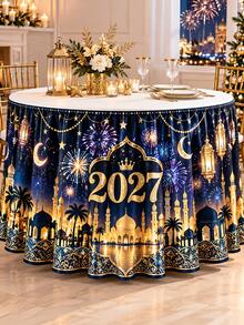 1件 2027新年桌裙，海軍藍金色清真寺新月燈籠煙花印花聚酯纖維荷葉邊桌裙，中東風格圓桌裝飾，適用於跨年派對、宴會、自助餐桌及節日居家裝飾 - D - 查看 9