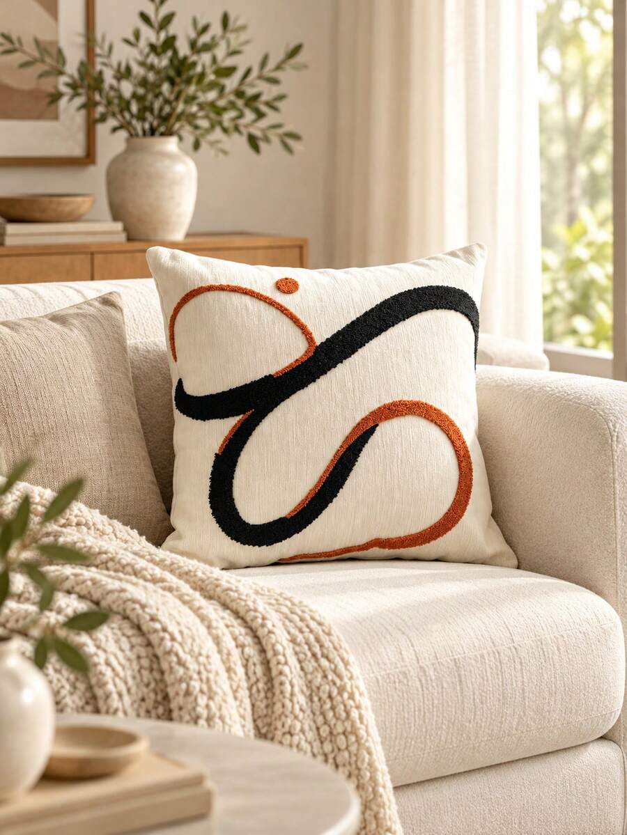 45X45cm 1PC Modern Abstract Geometric Throw Pillow, Textured Wavy Lines And Diagonal Stripe Designs, Black White Blue And Rust Orange Decorative Accent Cushion For Sofa, Bedroom And Living Room - Multicolor - View 1