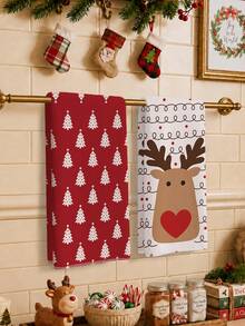 MEMNUN 2 Pcs Merry Christmas Winter Christmas Cartoon Red Christmas Tree Silhouette And Reindeer Print Pattern Kitchen Towels Dish Cloths, Super Fine Microfiber Polyester Material, Christmas Theme Decorative Hand Towels, Christmas Home Decor, Kitchen Decor, Christmas Decor, Suitable For Restaurant, Kitchen, Holiday Decoration And Gift Giving, 40*60cm/45*70cm - Multicolor - View 2