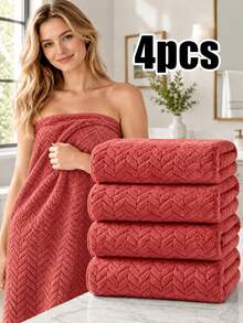 4pcs-Coral Fleece Diamond Pattern Towel Set, Soft High Absorbency Herringbone Towels, Quick-Dry Luxury Bathroom Towels, Suitable For Shower, Spa, Hotel And Daily Home Use - Red - View 1