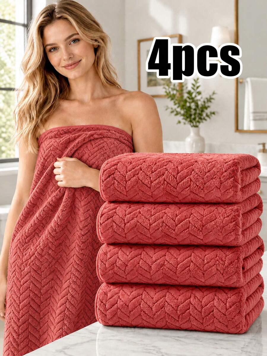 4pcs-Coral Fleece Diamond Pattern Towel Set, Soft High Absorbency Herringbone Towels, Quick-Dry Luxury Bathroom Towels, Suitable For Shower, Spa, Hotel And Daily Home Use - Red - View 1