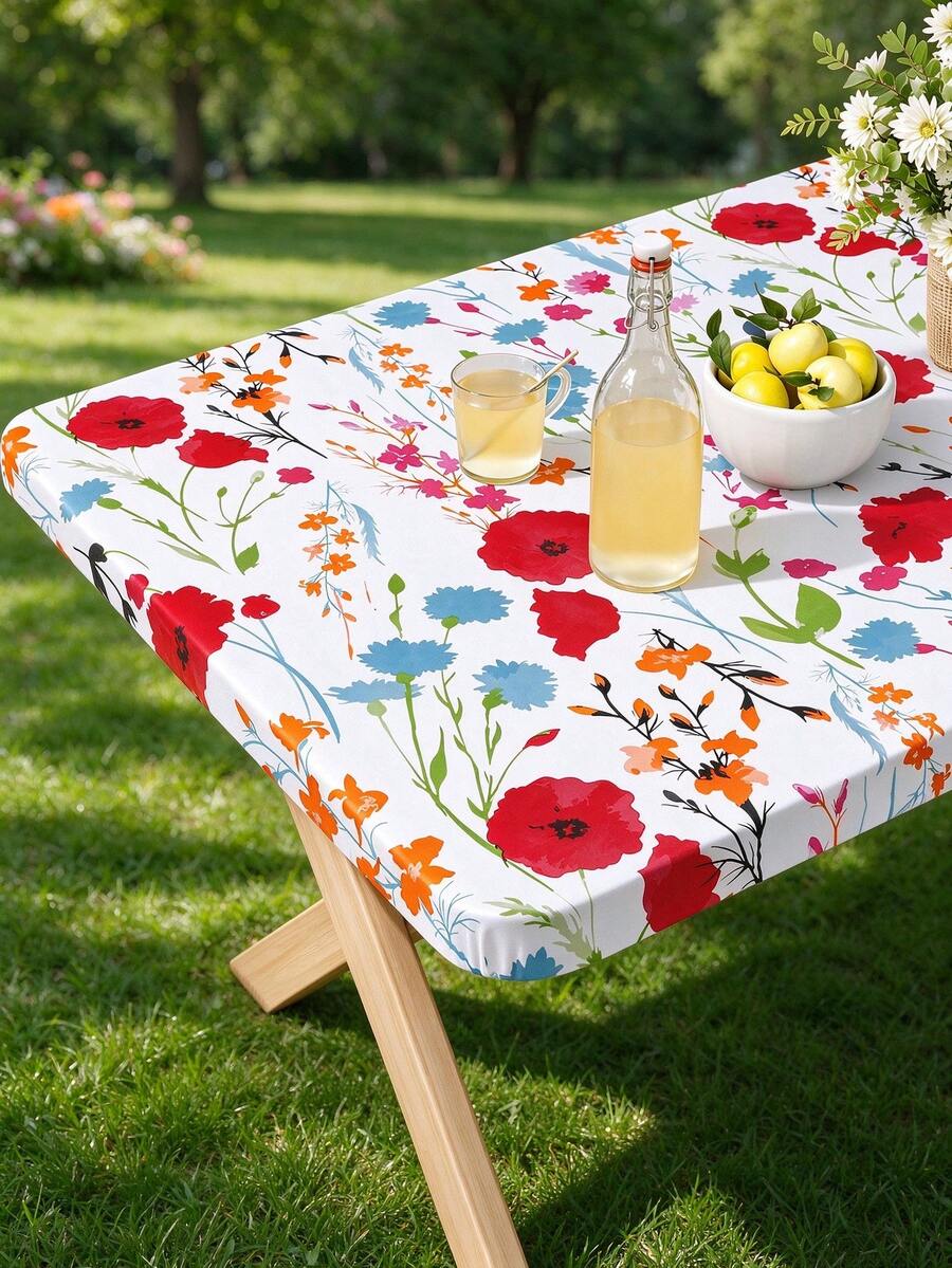 1pc PEVA Tablecloth, Fitted Table Cover, 100% Waterproof, Elastic Edge, Flannel Backing, Plastic Tablecloth, Suitable For 6ft Folding Table, Picnic, Camping, Outdoor Use (Floral, 30x72 Inches)